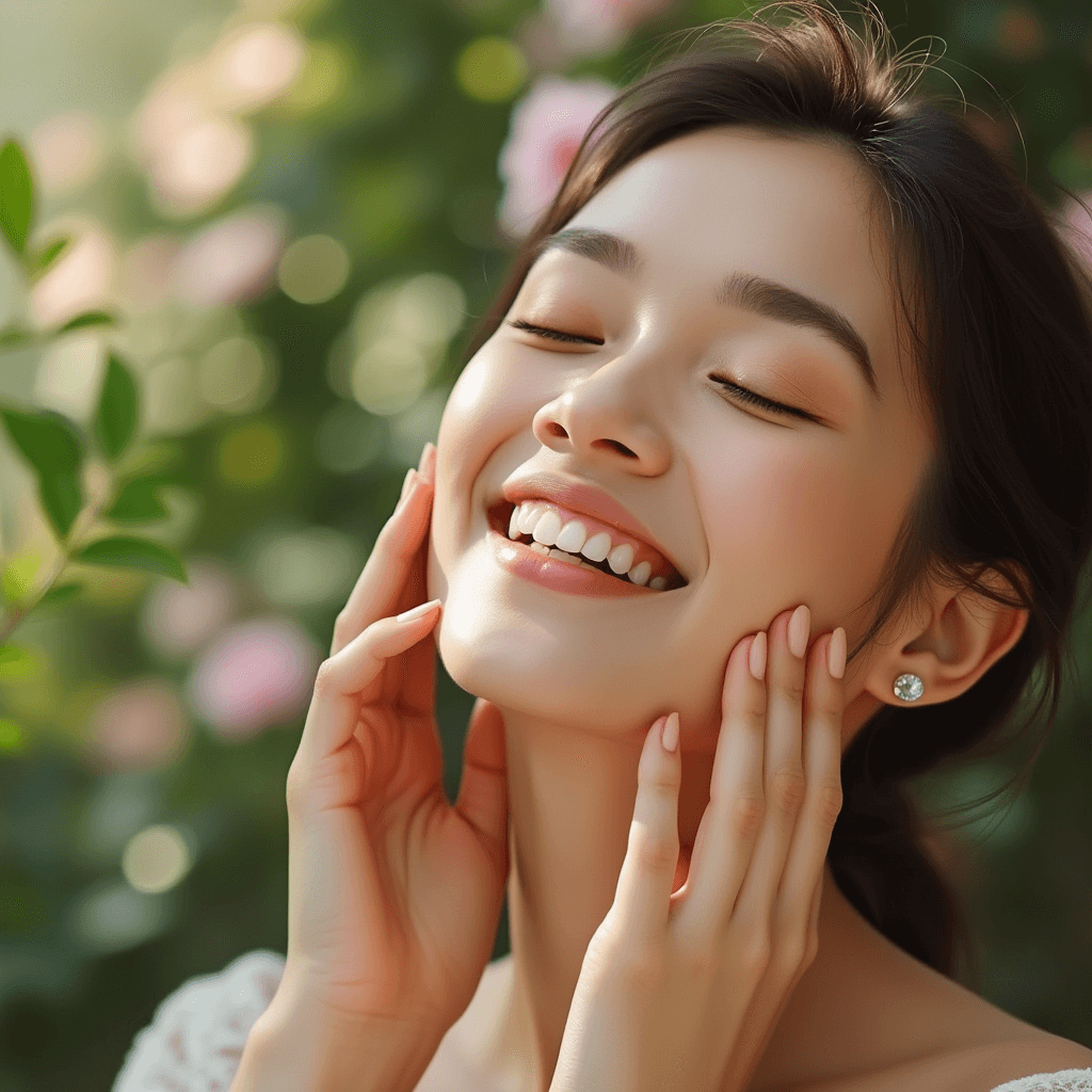 Psychokosmetologia.Kobieta delikatnie dotyka swojej twarzy - ilustracja związku psychiki i skóry.